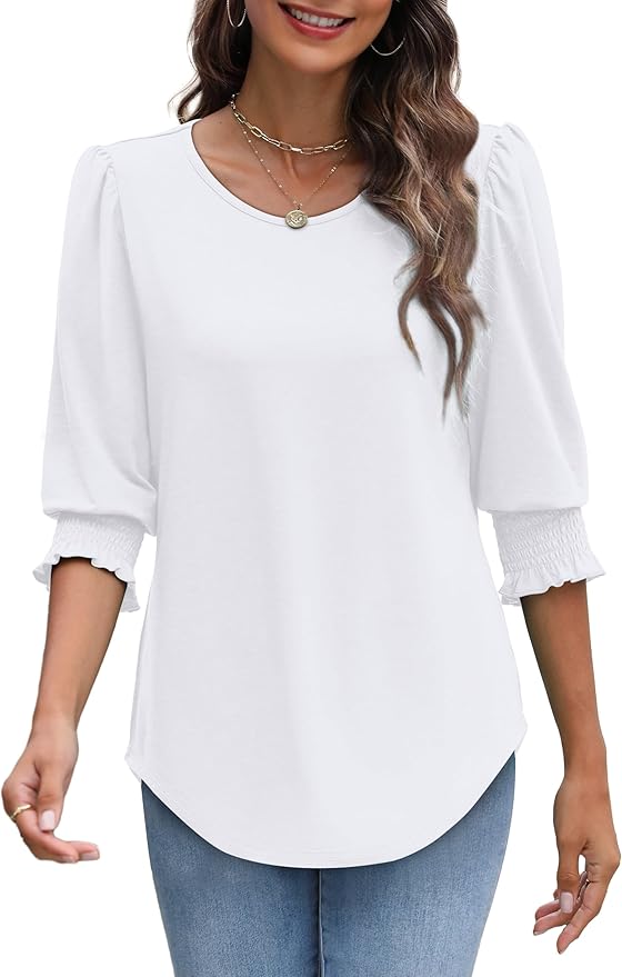XIEERDUO Blouses for Women Dressy Casual 3/4 Length Sleeve Womens Tops with Smocked Cuffs