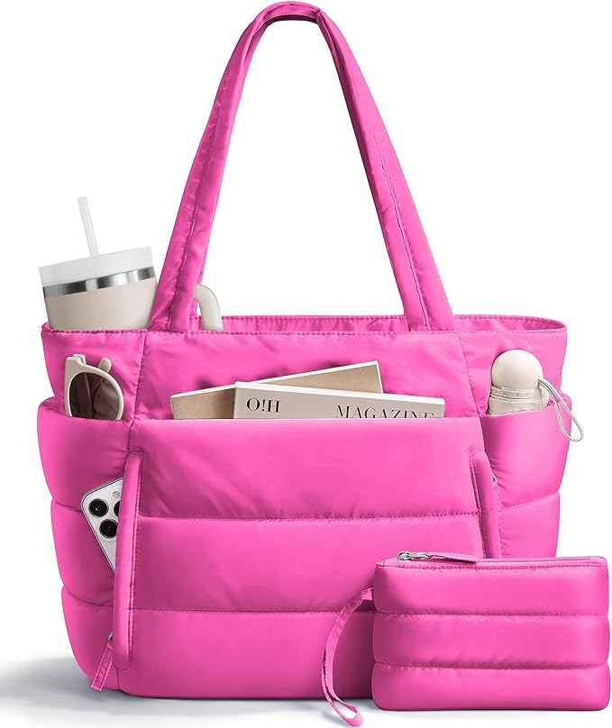 Puffer Tote Bag for Women, Lightweight Puffy Work Handbag Teacher Nurse Quilted Shoulder Bag for School Travel Gym | Quilted, with Zipper, Daily Carry On Bags, Comfy College Bags, 15.6" Laptop Sleeve, Cup Holder Pocket, Portable, Spacious