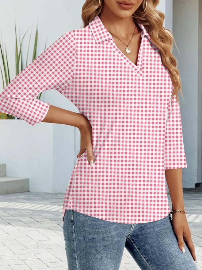 3/4 Length Sleeve Womens Tops Dressy Casual V Neck Polo Shirts Business Work Blouses 2025 Trendy Tunic Top