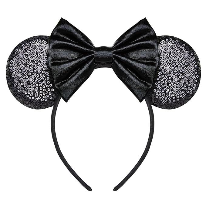 HAMUTH Mouse Ears Headband,Black Leather Ears for Women Girls Boys,Mouse Ears with Bow Hairs Accessories for Party Trip Parks CospLay Decorations