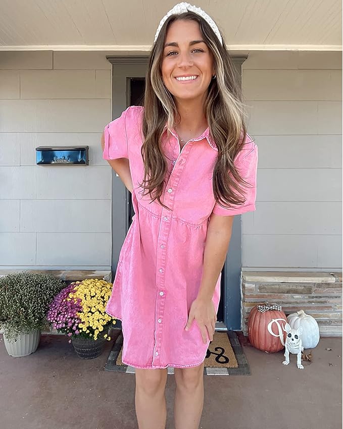 LookbookStore Women's Short Sleeve Button Down Flowy Tiered Babydoll Denim Dress