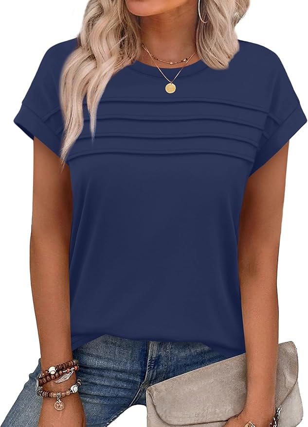 WEESO Womens Summer Tops Trendy 2026 Cap Sleeve T Shirts Crew Neck Pleated Front Beach Vacation Clothes Fashion