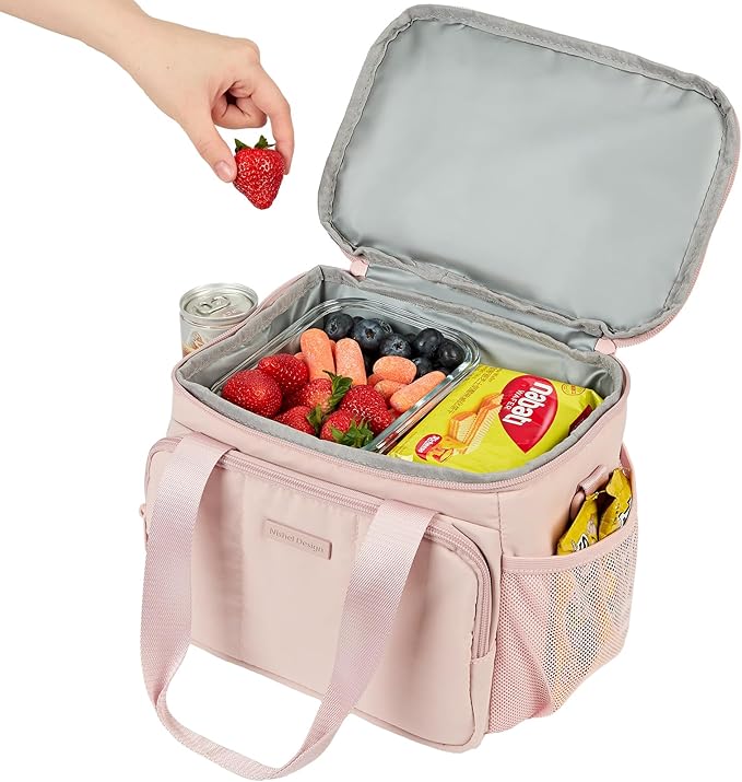 NISHEL Lunch Bag for Women, Insulated Leakproof Cooler Case with Detachable Shoulder Strap & Multiple Pocket, Easy-Clean PEVA Lining, Puffy Design for Work，Pink