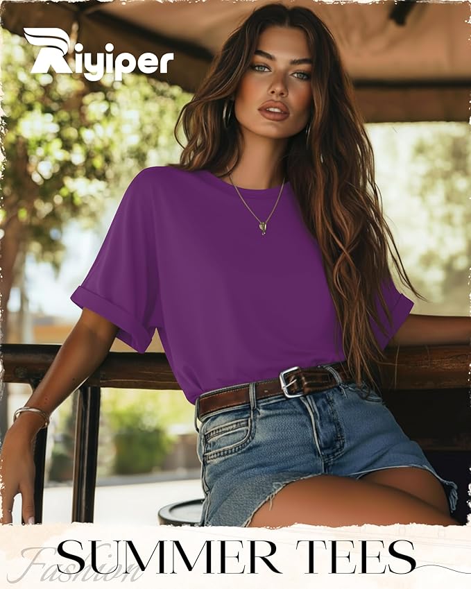 Riyiper 3 Pack Women's Oversized T-Shirt Half Sleeve Summer Tees Casual Loose Fit Crew Neck Basic Tops
