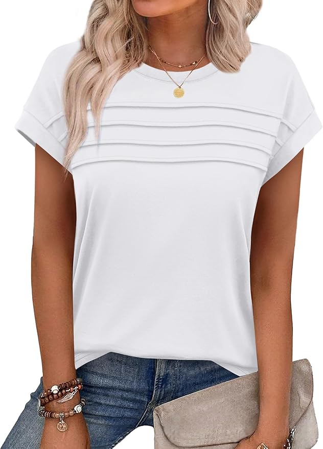 WEESO Womens Summer Tops Trendy 2026 Cap Sleeve T Shirts Crew Neck Pleated Front Beach Vacation Clothes Fashion