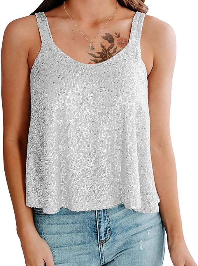 Sequin Top for Women Summer Scoop Neck Trendy Y2k Shining Shirts Casual Sleeveless Camisole Party Base Tank Tops