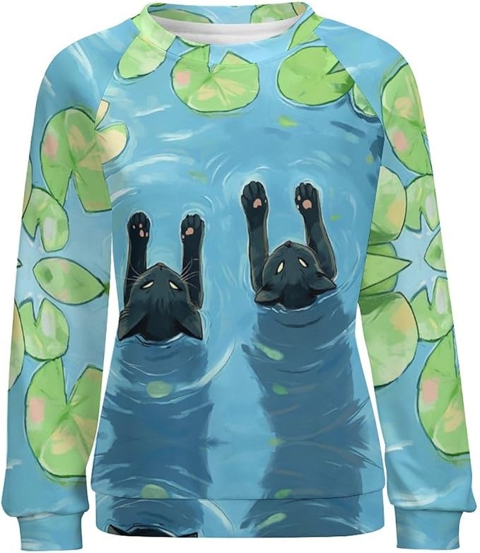 Spatofa Womens novelty funny cat printed crewneck sweatshirt casual loose long sleeve graphic pullover sweatshirts tops