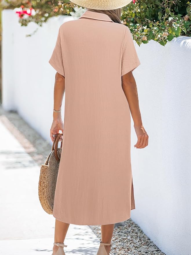 Zeagoo Women Dresses Summer Casual Short Sleeve Button Down Shirt Dresses 2025 Beach Cover Up with Pockets