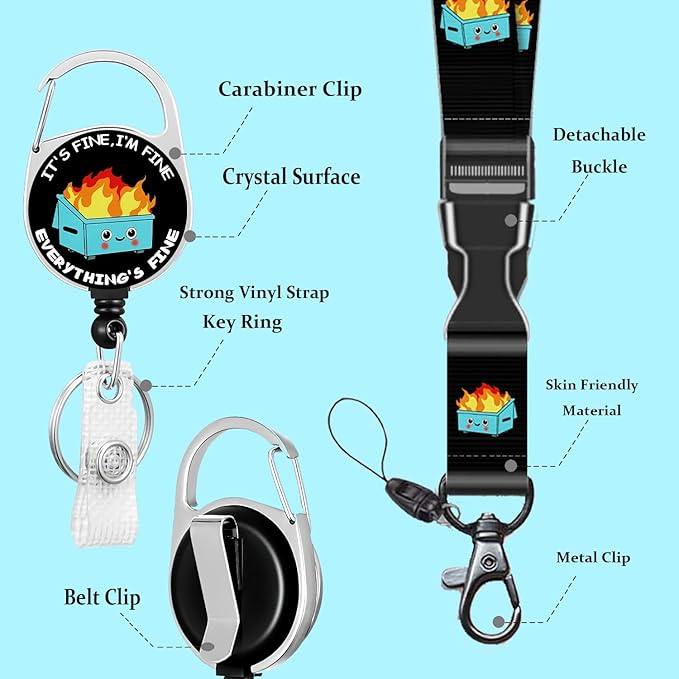 Blue Dumpster on Fire Badge Reels Retractable Heavy Duty, Funny ID Badge Holder with Detachable Lanyard, Carabiner Belt Clip, I'm Fine It`s Fine Everything is Fine