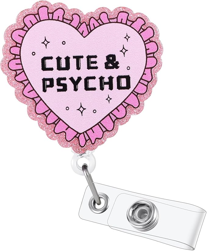 Cute & Psycho Funny Nurse Badge Reel, Pink Retractable ID Card Badge Holder, Name Tag Medical Badge Buddy for RN MA CNA PCA OB/GYN Pediatric Nurse Student Healthcare Friends Workers, Coworker Gifts