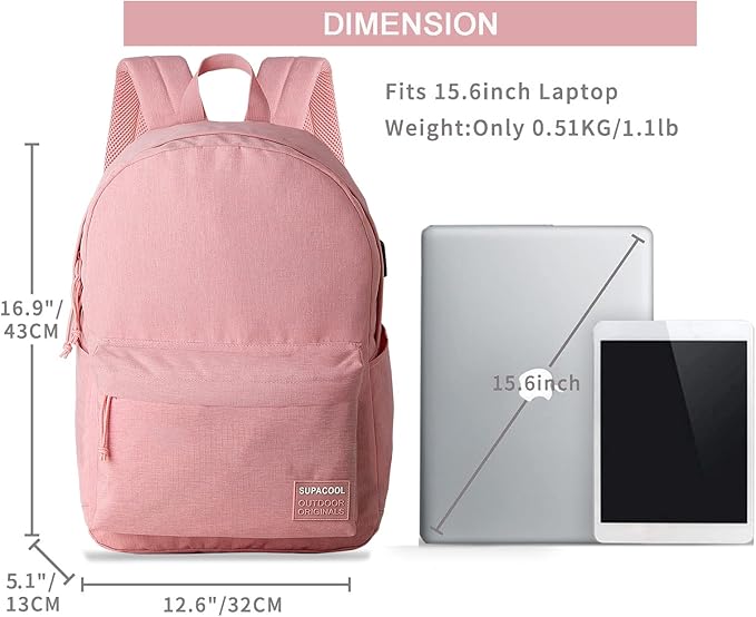 SUPACOOL Casual Laptop Backpack for Men and Women, Backpack for College, USB Charging Port, Lightweight Pack Back(Pink)