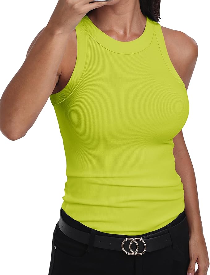 GEMBERA Womens Sleeveless Racerback High Neck Casual Basic Cotton Ribbed Fitted Tank Top