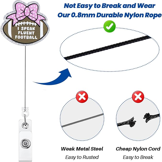 Funny Girly Football Badge Reel, Cute ID Badge Holder with Retractable Clip, Pink Bow Badge Clip for RN CNA LPN Hospital Medical Worker Doctor Teacher Nursing Student Fans Players Sports Journalists