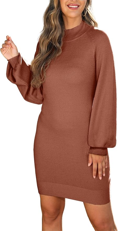 GRECERELLE 2026 Women's Mock Neck Ribbed Long Sleeve Bodycon Pullover Cute Mini Sweater Dress (XS-2XL)