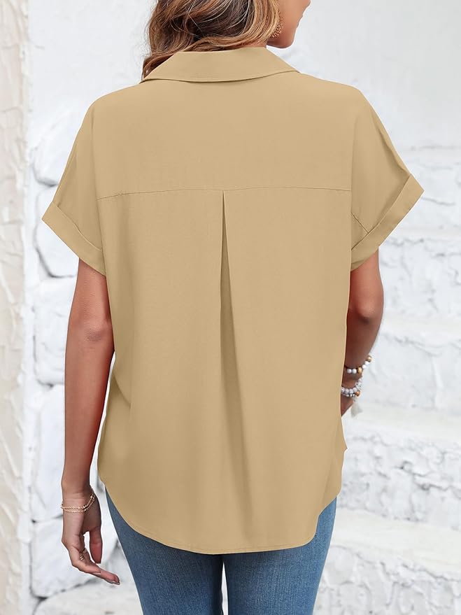 Womens Button Down Shirt Casual Short Sleeve Collared Work Blouse with Pocket