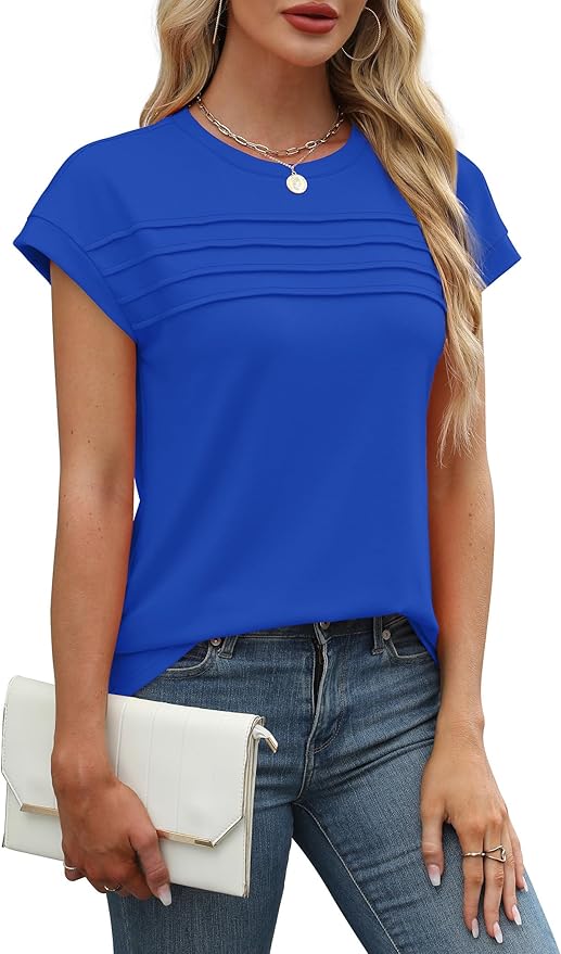 WEESO Womens Summer Tops Trendy 2026 Cap Sleeve T Shirts Crew Neck Pleated Front Beach Vacation Clothes Fashion