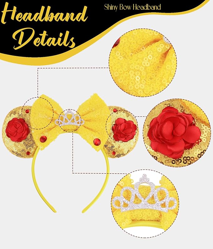 LIHELEI Mouse Ears Headband with Beauty Red Rose, Princess Belle Ears Headbands for Halloween Costume, Princess Party Headwear Hair Accessories for Women - Red Rose