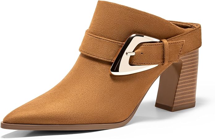 Coutgo Womens Mules Boots Chunky Stacked Heel Pointed Toe Booties Slip On Dress Boot Shoes with Buckle Decoration