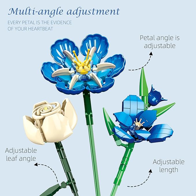 noziaa Flower Bouquet Building Blocks Set, Creative Blue Tulip Artificial Flower Plant Models, Home Decor or Idea Present for Adults and Kids, Valentine's Day Gifts for Girls, 766 PCS-JJ9240