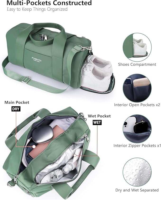 Sports Small Gym Bag for Women, Cute Mini Duffle Bag with Wet Pocket & Shoes Compartment, Personal Item Travel Workout Bag, 16"-Small, Green