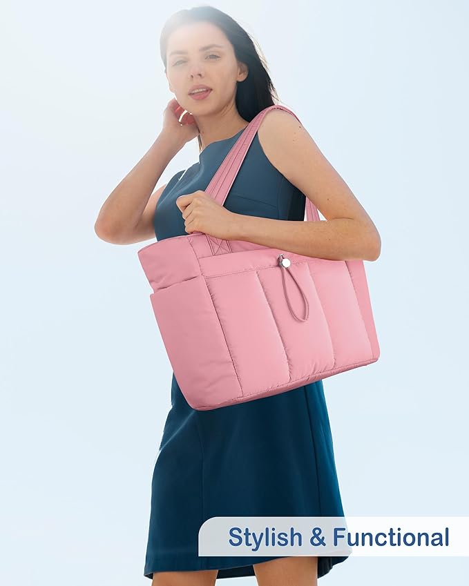 TOPDesign Puffy Tote Bag for Women with Cup Holder & Laptop Compartment & Cosmetic Bag & Trolley Sleeve for Work, Travel