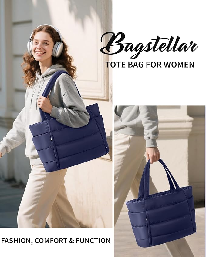 Puffer Tote Bag for Women, Lightweight Puffy Work Handbag Teacher Nurse Quilted Shoulder Bag for School Travel Gym | Quilted, with Zipper, Daily Carry On Bags, Comfy College Bags, 15.6" Laptop Sleeve, Cup Holder Pocket, Portable, Spacious