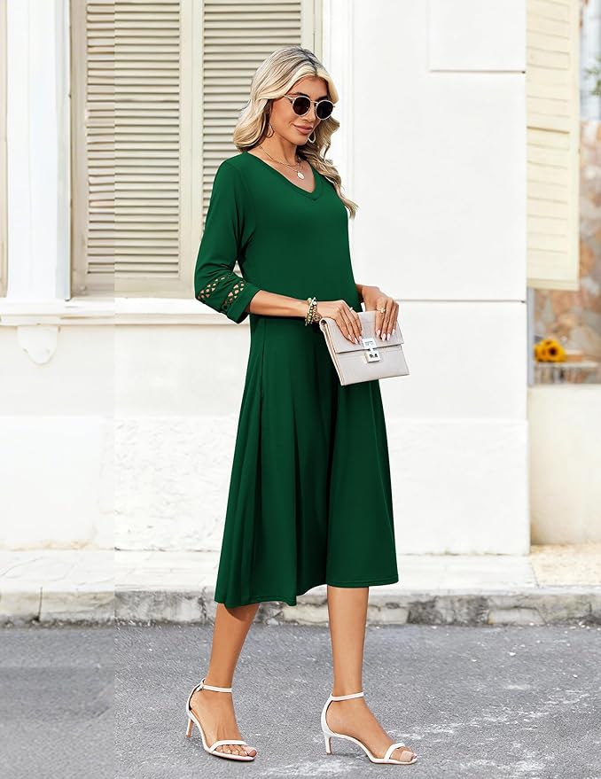 Zeagoo Women's Dresses 3/4 Sleeve Summer Casual V-Neck A Line Flowy Eyelet Midi Dress for Women Beach Vacation Sundress