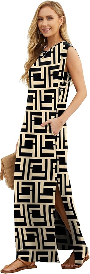 GRECERELLE 2026 Women Year-Round Casual Round Neck Loose Split Wrinkle-Free Long Maxi Vacation Dress with Pockets (XXS-4XL)