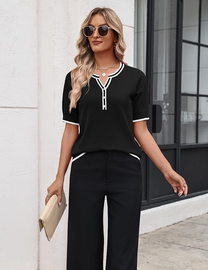 Zeagoo Women's Short Sleeve Sweater 2026 Spring Summer Tops Lightweight Casual V Neck Sweaters Dressy Work Blouses Clothes