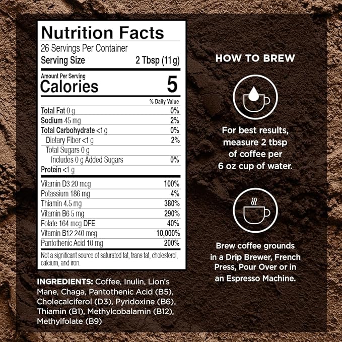 VitaCup Mushroom Coffee Grounds, Vanilla Flavored Coffee with Lions Mane, Chaga, B Vitamins, D3, Boost Focus, Immunity, Memory & Clarity, Medium Dark Roast, 100% Arabica Specialty, 4 bags, 10oz each