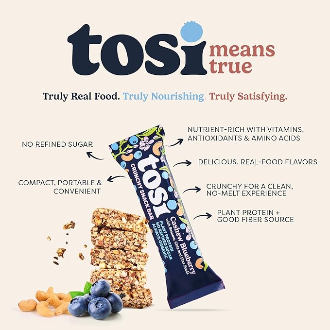 Tosi Nut Bars, Cashew Blueberry, Healthy Snacks for Adults & Kids, Plant Based Crunchy Bars (6G Protein), Organic Keto Snacks, Vegan, Gluten & Soy Free, Low Sugar, Omega 3s, 1oz, 12-Pack