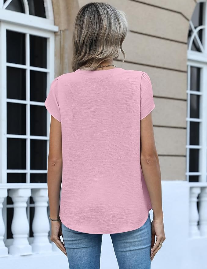 Zeagoo Womens Tops Dressy Casual Textured Blouses Cap Short Sleeve Shirts V Neck Button Up Summer Spring Work Tshirt Clothes
