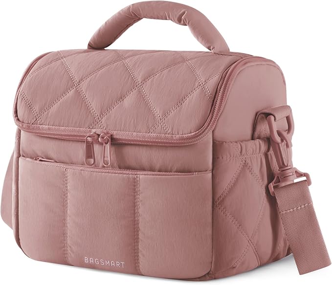 BAGSMART Insulated Lunch Bags for Women, Cute Quilted Lunch Box, Lightweight Puffy Padded Waterproof Lunch Tote, Reusable Lunch Cooler for Work Picnic Travel, Dark Pink