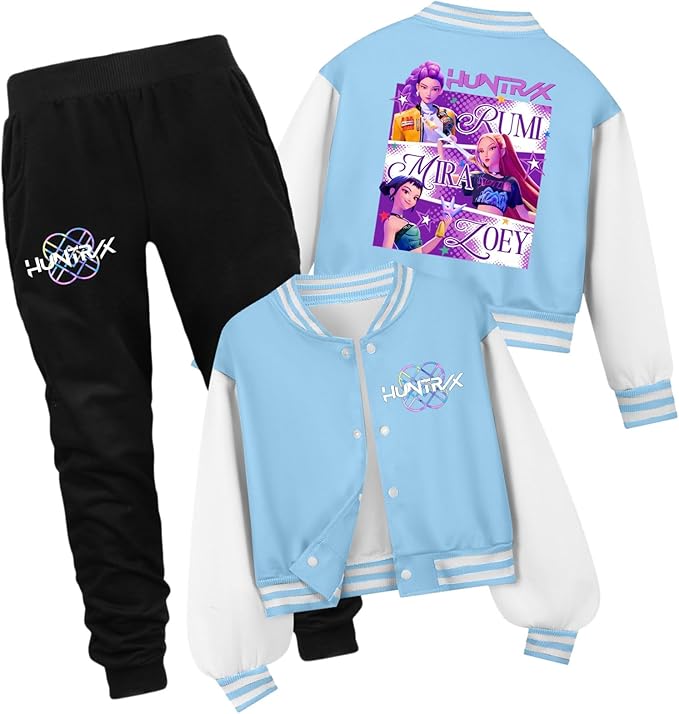 K PopGirls Kpop Tracksuit Cute Cartoon Print Baseball Coats Fashion Long Sleeve Jackets and Pants Christmas Costume Set