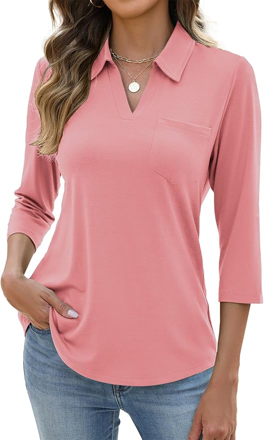 AKEWEI Womens 3/4 Length Sleeve Tops V Neck Casual Basic Tees Work Polo Shirts Collared Summer Top with Front Pocket