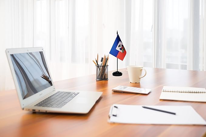 USA American & Haiti Haitian Desk Flags, US Haiti Table Flag, Small Mini American & Haitian Twin Table Office Flag, Miniature Haitian and US Desktop Flag With 13" Solid Black Pole, Black Base
