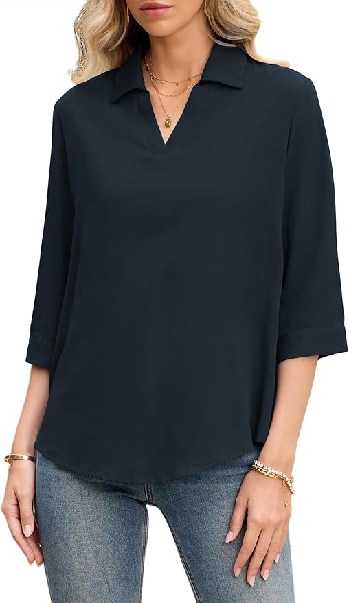 LOMON Womens 3/4 Sleeve Tops V Neck Cotton Linen Work Blouse Polo Shirts for Women Business Casual 2026
