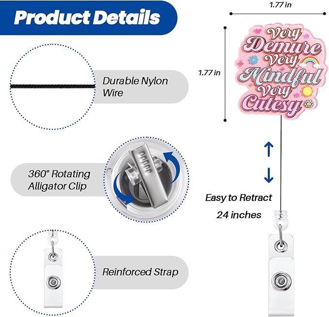 Very Demure, Very Mindful, Very Cutesy Funny Badge Reel, Inspirational Retractable ID Card Badge Holder, Name Tag Work Badge Clip for RN LPN CNA MA ER Nurse Doctor Teacher Student, Nurse Gifts
