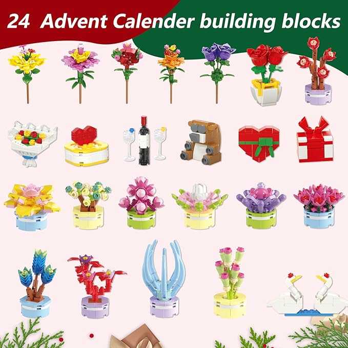 Flowers Building Blocks Succulents Botanical Toys Advent Calendar 2025– 24 packs Fake Flower Building Sets Blind Box Toy Set for Home, Kitchen, Desk Decor Block Toy,Party Favors for Christmas Birthday Valentine's Gift Adults Kids Girl 6+