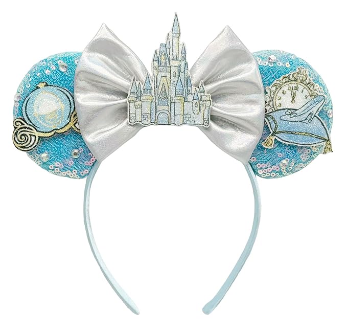 WW-WONDERFULWORLD Mouse Ears Headband With Shiny Sequins Diamond Decoration, for Cinderella Costume Cosplay Glitter Party, Amusement Park, Blue; FG130-3