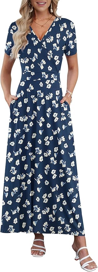 AUSELILY Maxi Dresses for Women Ankle Length Floral Print Beach Long Flowy Dress with Pockets