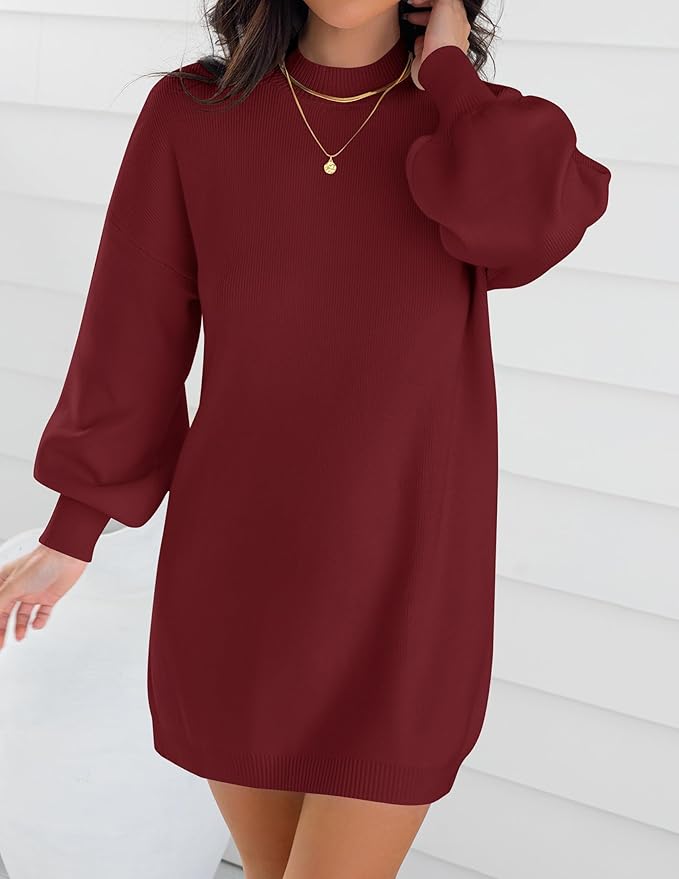ZESICA Women's 2026 Fall Turtleneck Sweater Dress Oversized Long Lantern Sleeve Casual Knit Pullover Mini Dresses