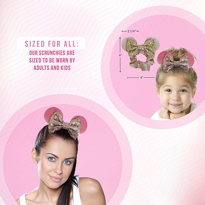 Styla Hair 2pk Velvet Scrunchies for Women - Sparkle Sequins Hair Bands for Pony Tail Mickey Ears (Pink Ivory)
