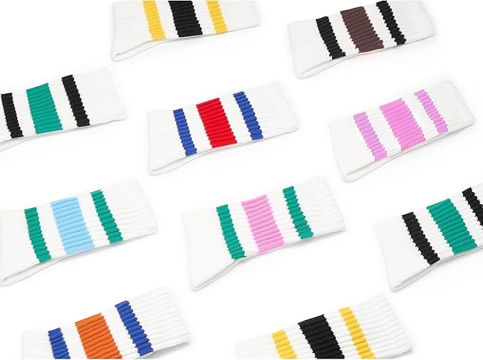 Acomono Retro Striped Slouchy Crew Socks for Men & Women 3 Pairs Cotton Athletic Tube Cushioned Calf Tennis Socks Size 5–11