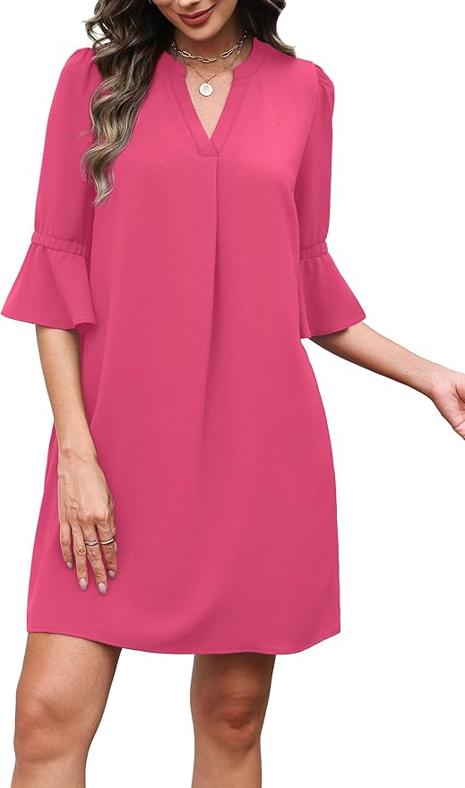 RUMIA Shift Dress for Women V Neck Ruffle Short Sleeve Loose Casual Summer Dress