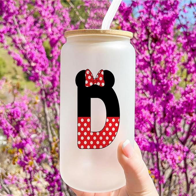 Cute Cartoon Mouse Lover Gifts Initial A-Z Personalized Iced Coffee Cup Magic Mouse Stuff Wizard Gift 16oz Glass Cup with Lid and Straws Birthday Christmas Gifts for Women Teen Girls (Letter D)
