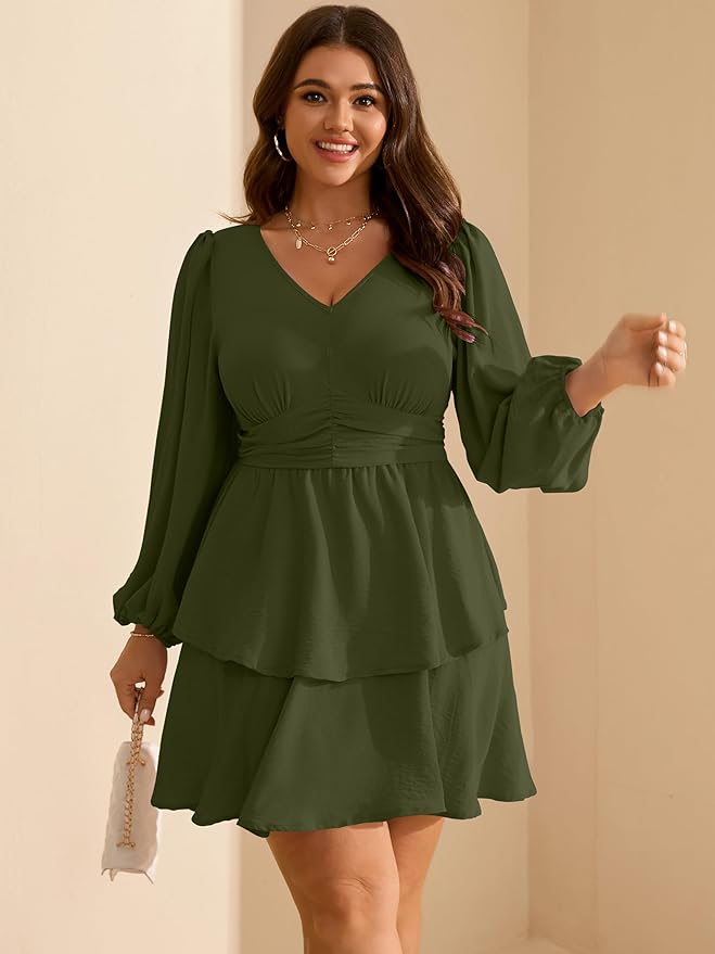 RWJ Plus Size Dresses for Curvy Women V Neck Long Sleeve Elastic Waist Fall Wedding Guest Layer Casual Mini Dress