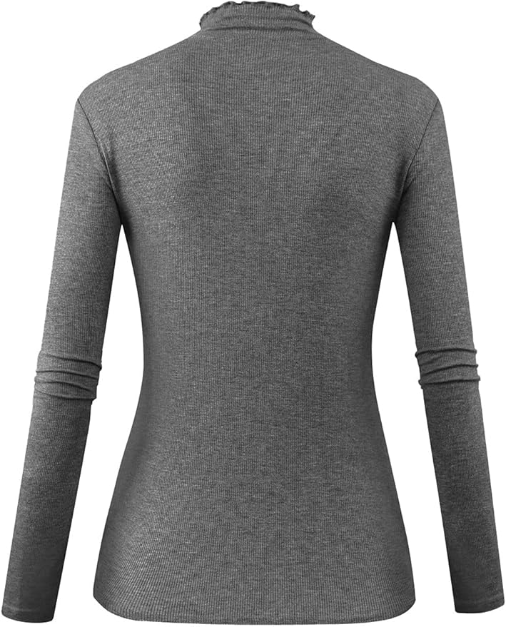 POPZONE Women's Lettuce Trim Mock Neck Long Sleeve Slim Fit Ribbed Knit Tee Shirt Tops
