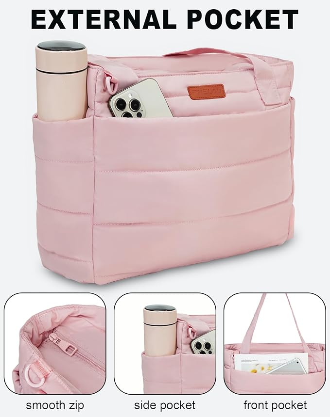 Quilted Puffer Tote Bag for Women, Waterproof Lightweight Work Bag for Nurse/Commuter with 16" Laptop Pocket | Puffer Tote Bag