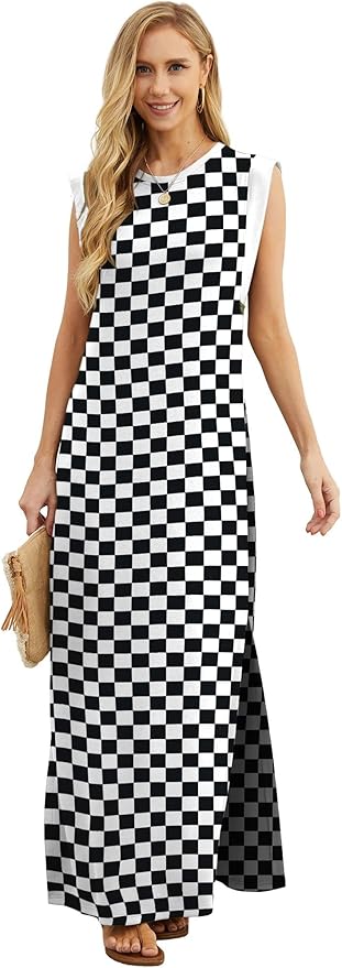 GRECERELLE 2026 Women Year-Round Casual Round Neck Loose Split Wrinkle-Free Long Maxi Vacation Dress with Pockets (XXS-4XL)